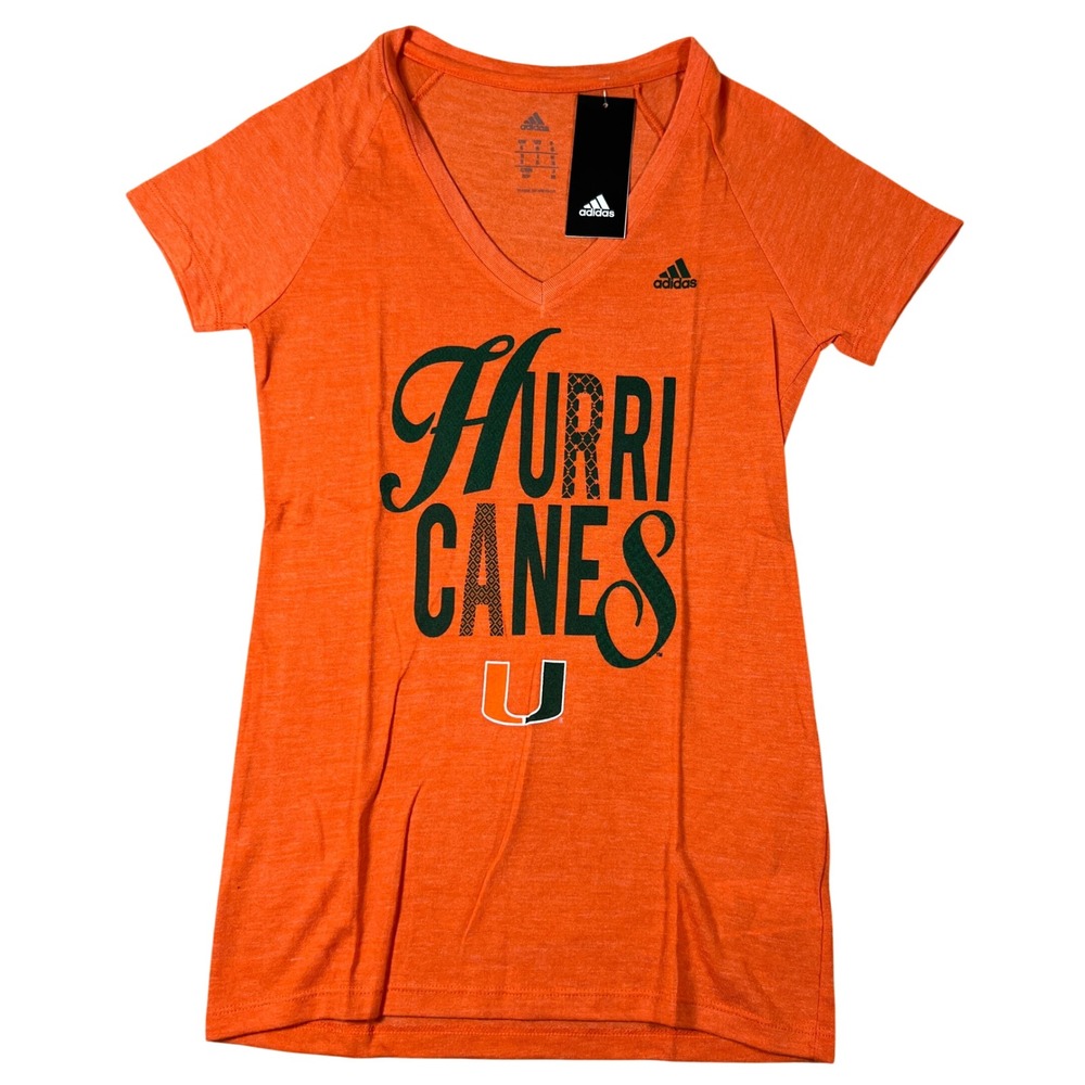 Adidas Miami Hurricanes Womens Orange V-Neck T-Shirt 16 Size Small NWT